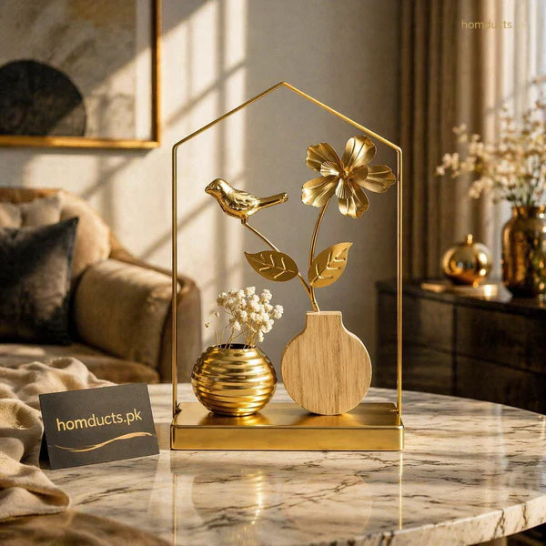 Luxury Gold Bird & Flower Frame Décor Set with Mini Vase – Stylish Tabletop Home Decoration