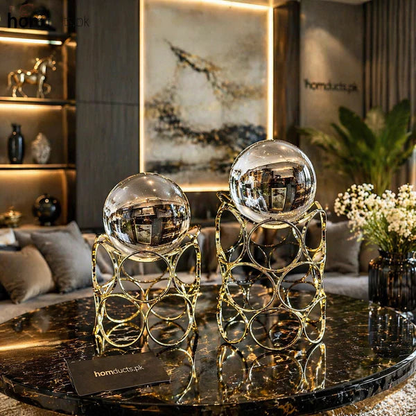 Luxury Crystal Sphere Decor with Geometric Metal Stand – Modern Tabletop Home Accent