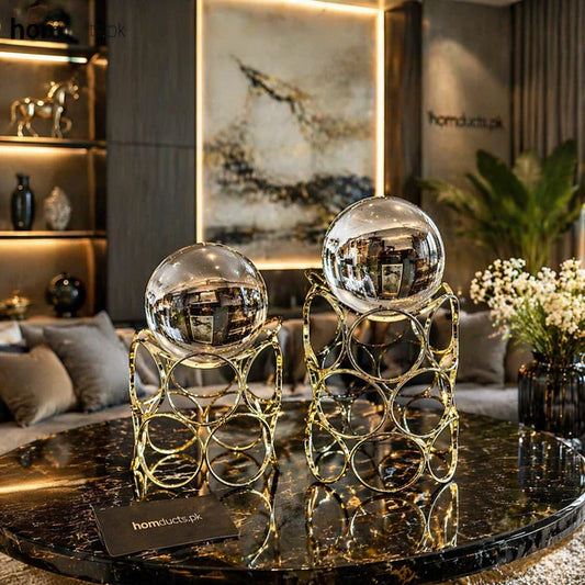 Luxury Crystal Sphere Decor with Geometric Metal Stand – Modern Tabletop Home Accent